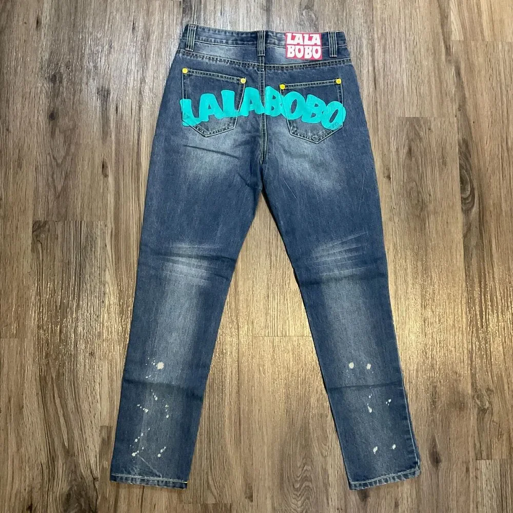 New Lala Bobo Jeans Vintage Blue Denim Graphic Print Sequin Size‎ 29 NWT